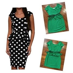Stitch Btween green and black polka dot belted peplum dress size medium NWOT